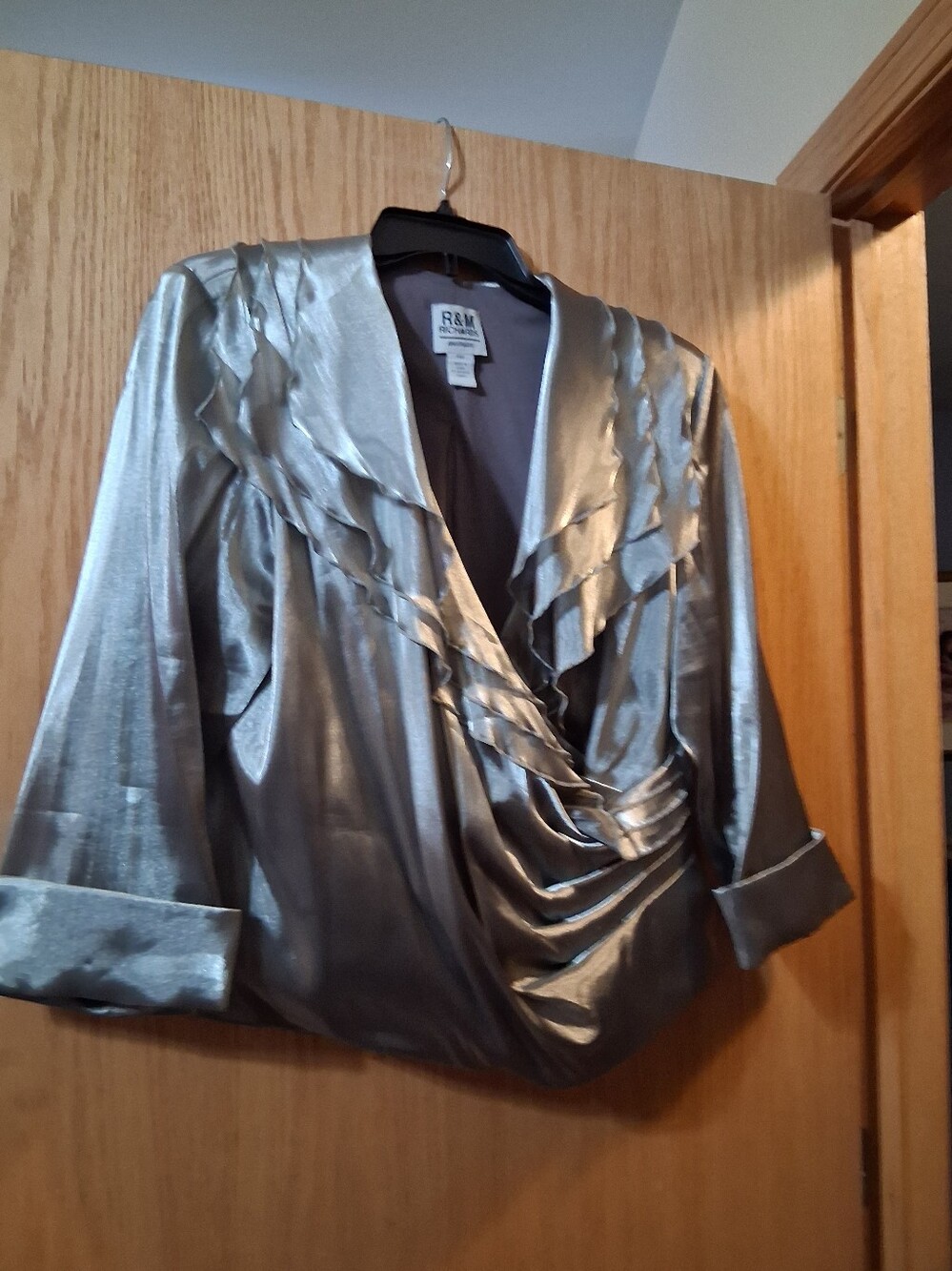R & M blouse, Shiny silver metallic blazer blouse  jacket with layered ruffle